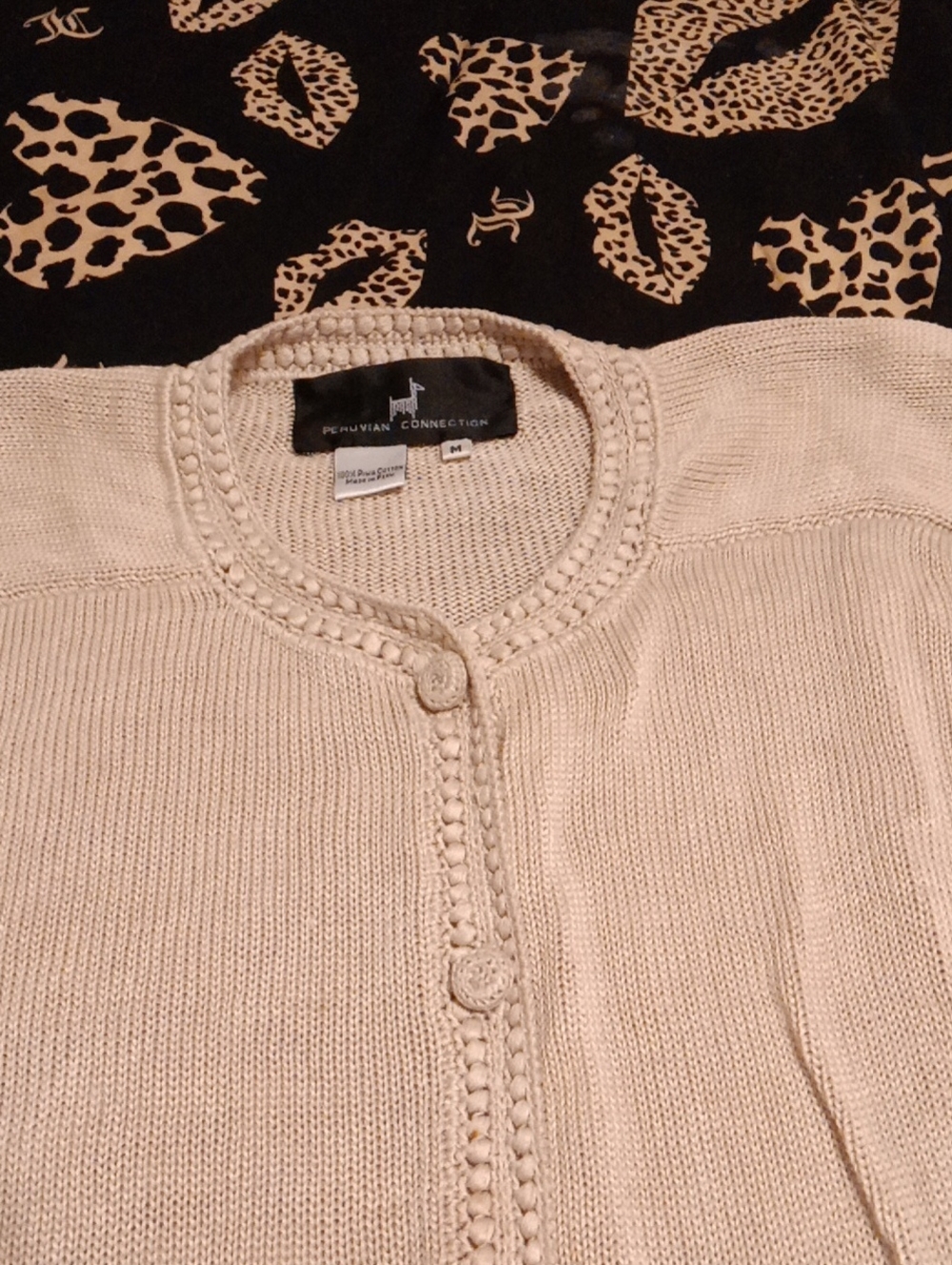 Peruvian Connection Cream Knit Cardigan with Decorative Trim